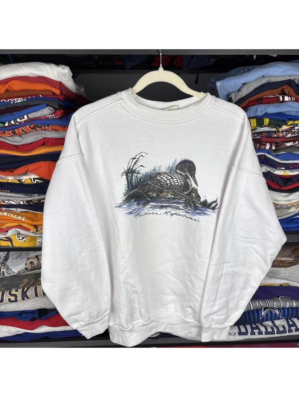 Vintage 90s Northern Reflections Loon Bird Crewneck Sweatshirt White Sz L